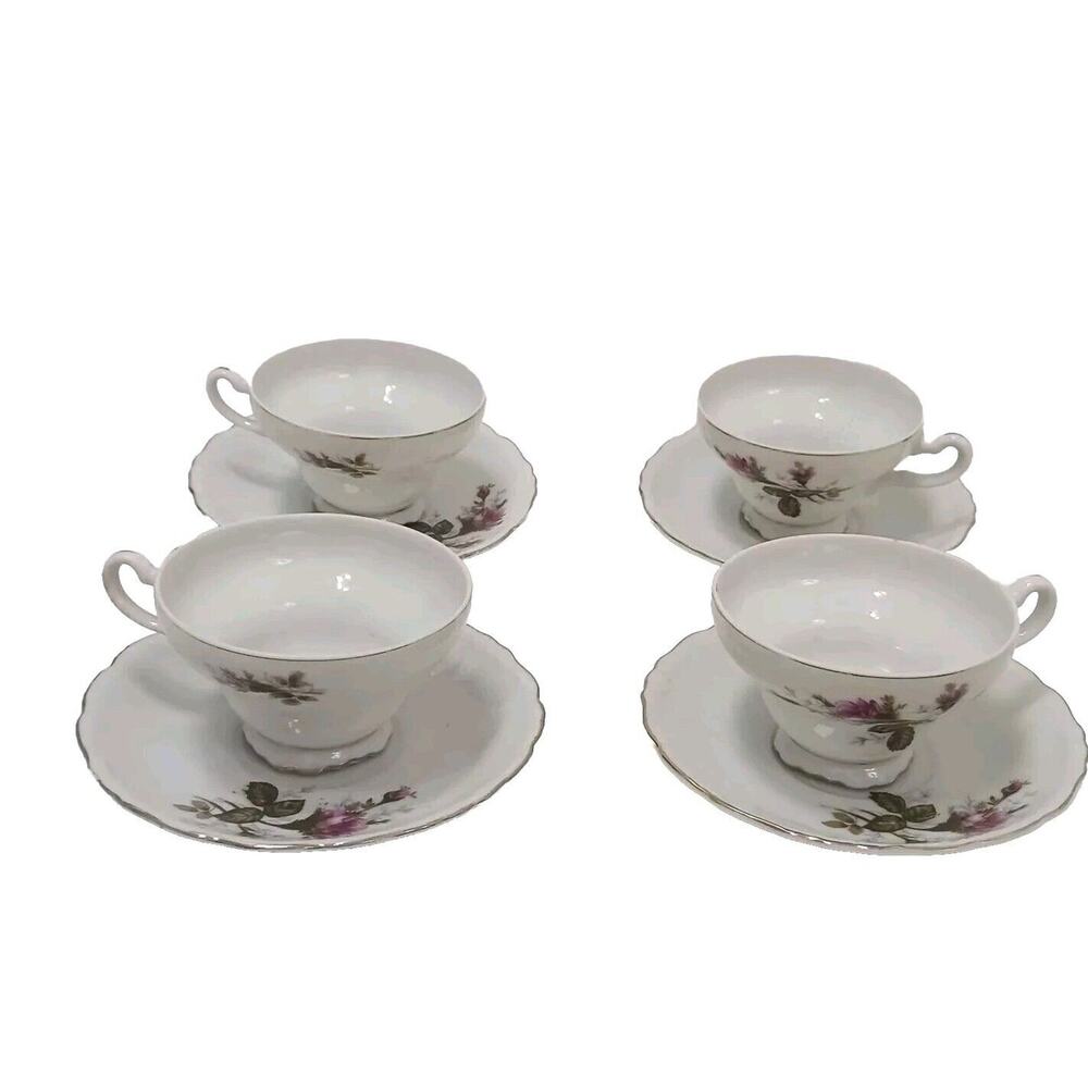 4 Tea Cup SET with Saucers Made In Japan Moss Rose Handpainted Porcelain VINTAGE